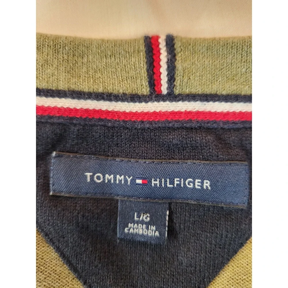 Tommy Hilfiger Mens Striped Crewneck Sweater Olive Green Cotton Large Preppy